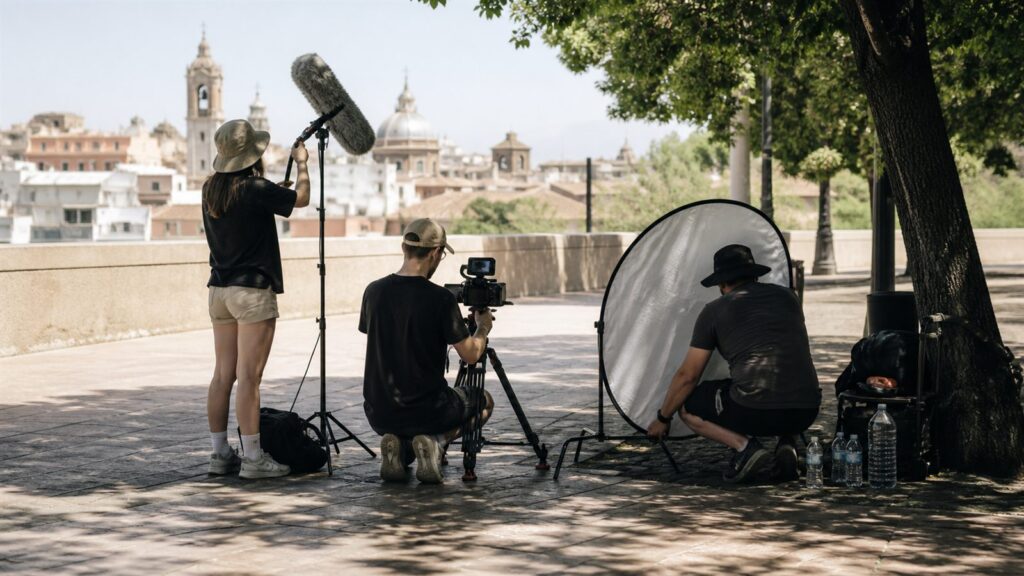 Equipo de rodaje preparando una entrevista exterior con micrófono, cámara y protección contra el viento