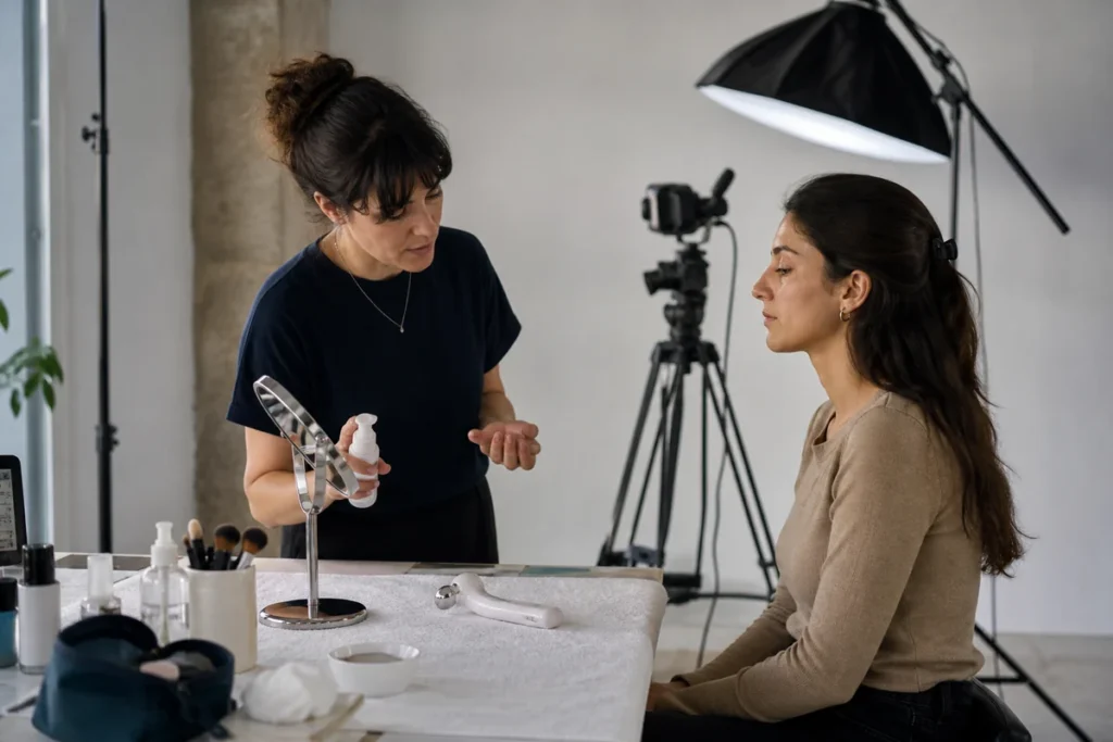 Maquilladora prepara la piel antes de una grabación con cámara y luz de estudio