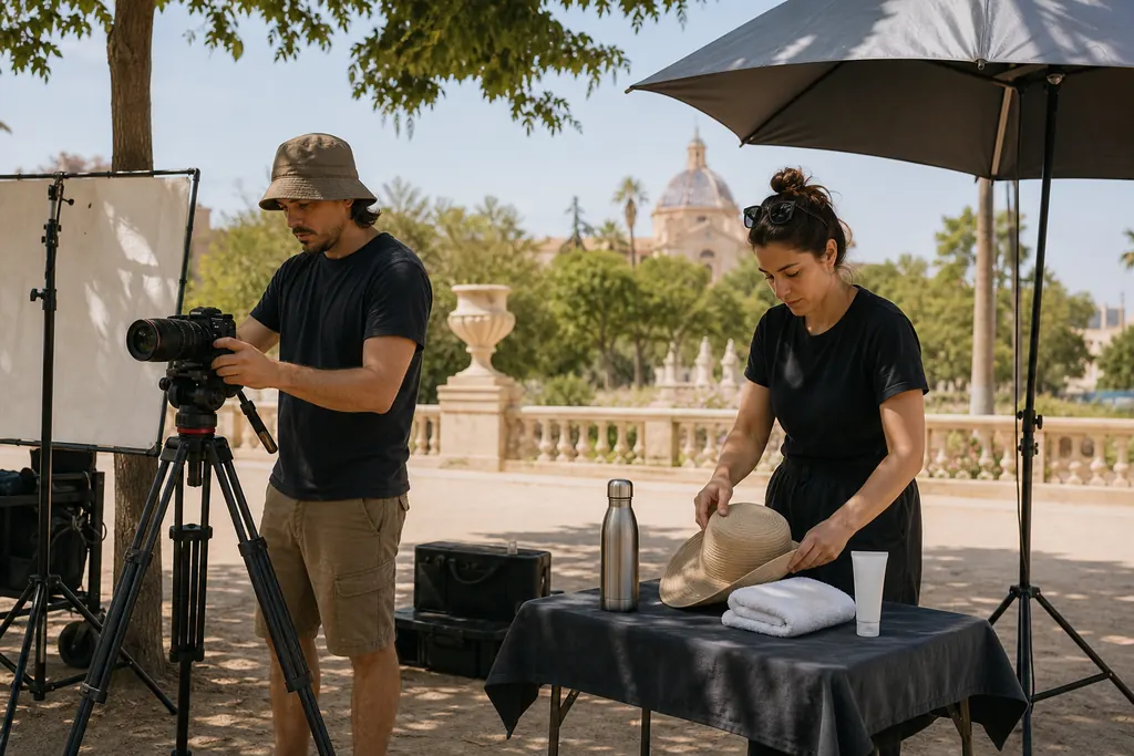 Equipo de rodaje organiza sombra, agua y protección solar antes de grabar al aire libre